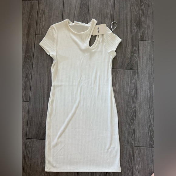Elodie|White Ribbed Women's one shoulder cut-out Dress,minimalist style•••NWT - Picture 3 of 11